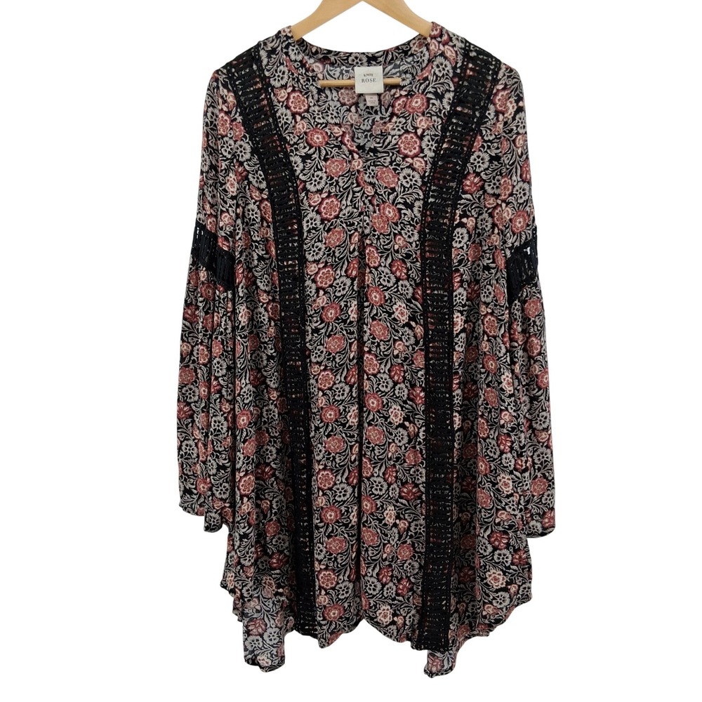 Knox Rose Boho Dark Floral Crochet Blouse Medium‎ Flowly Long Sleeve Cottagecore